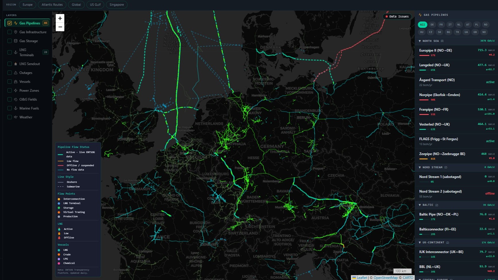 Rivex pipeline infrastructure map - gas pipelines across Europe with daily flow status overlay